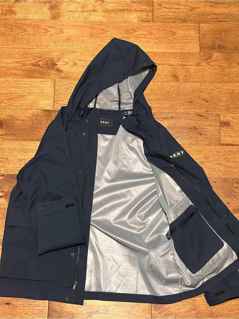 DKNY Men's Navy Hooded Raincoat with Silver Lining